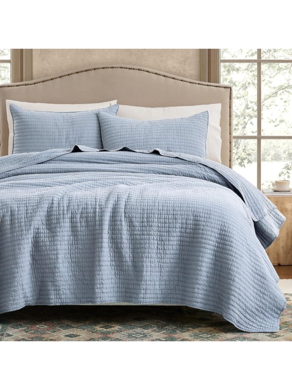 Cozy 100% Cotton King Size Quilt Set, Channel Pick Stitch, Soft Light Blue